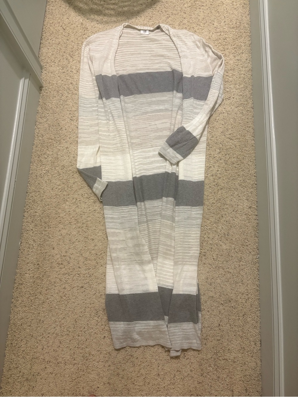 Cabi Long Striped Robe Cardigan - White & Gray